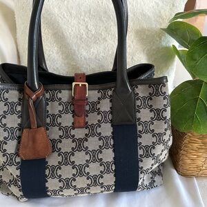 Celine Beige Canvas Triomphe Tote with Black and Brown Trim